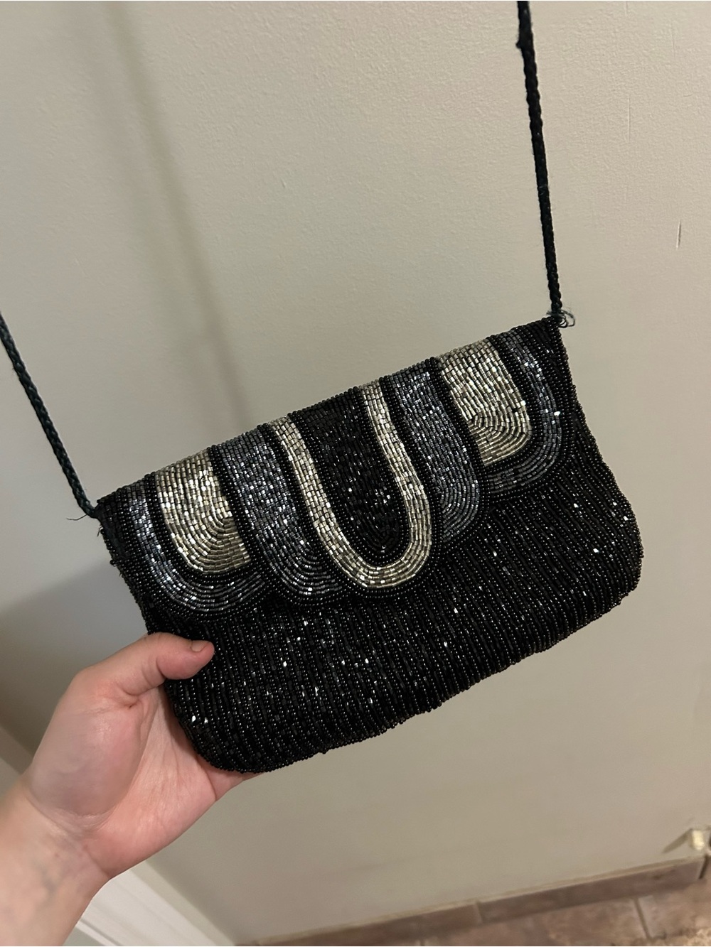 Beaded Black and Silver Evening Crossbody Bag